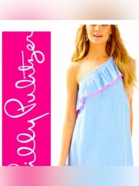 •LILLY PULITZER•EMMELINE LAPIS BLUE/WHITE W/PINK RUFFLE TRIM SUMMER DRESS MEDIUM